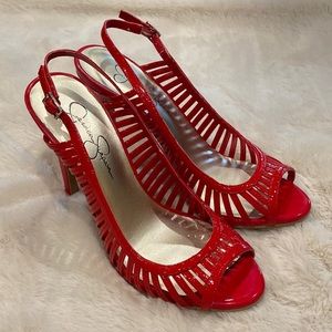 EUC Jessica Simpson (Aricon) 4” Red Patent Cage Slingbacks